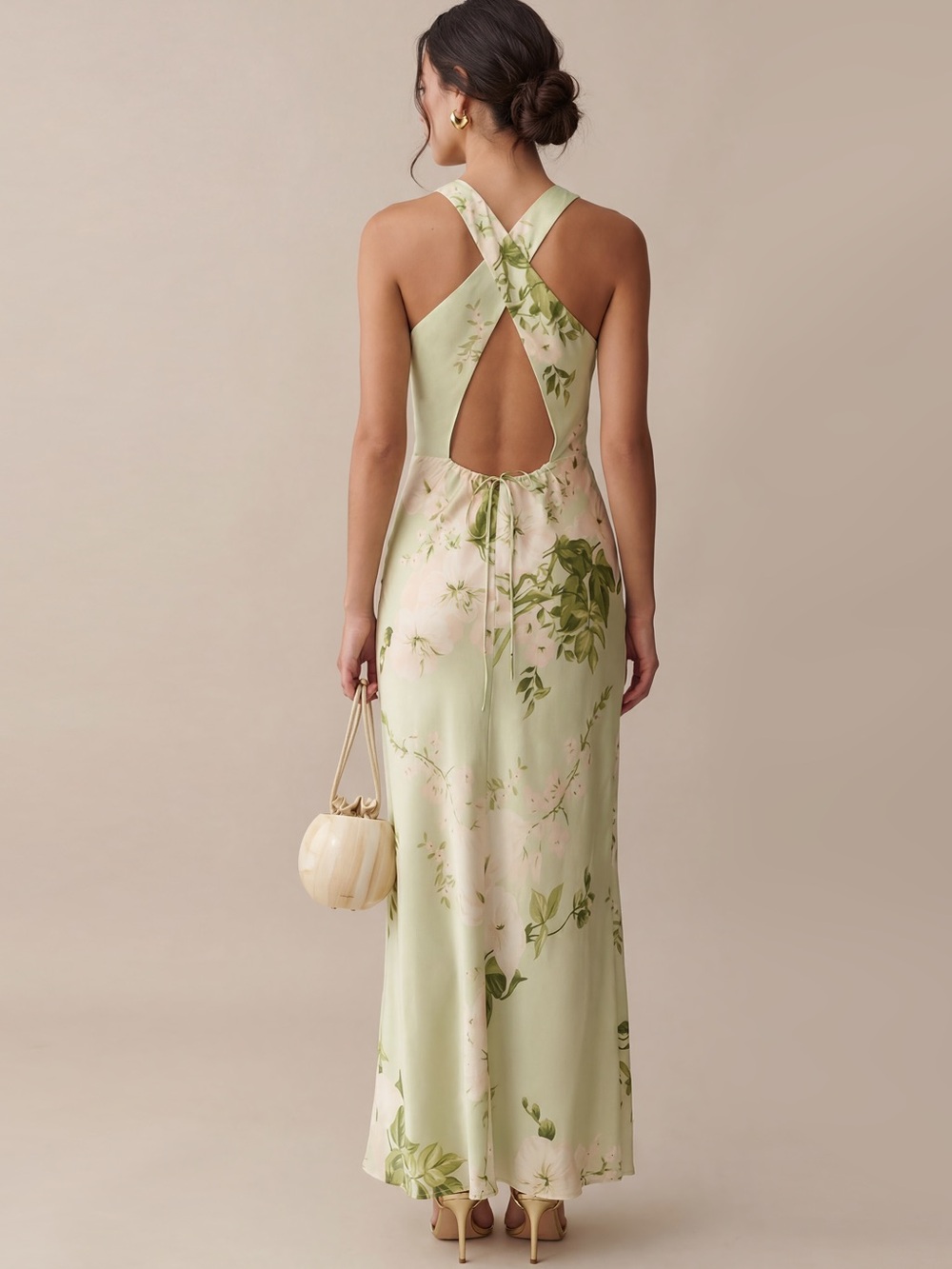 Few Moda o.p.t. Roslyn Silk Dress Sleeveless Floral Halter Maxi Light Green NWT - Picture 6 of 11